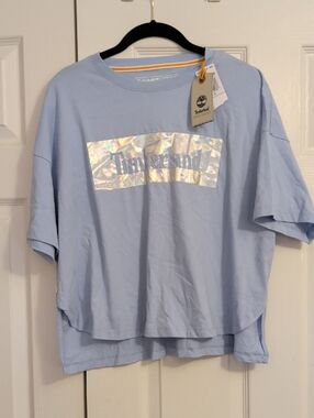 Timberland Metallic Blue Logo Crop Top NWT